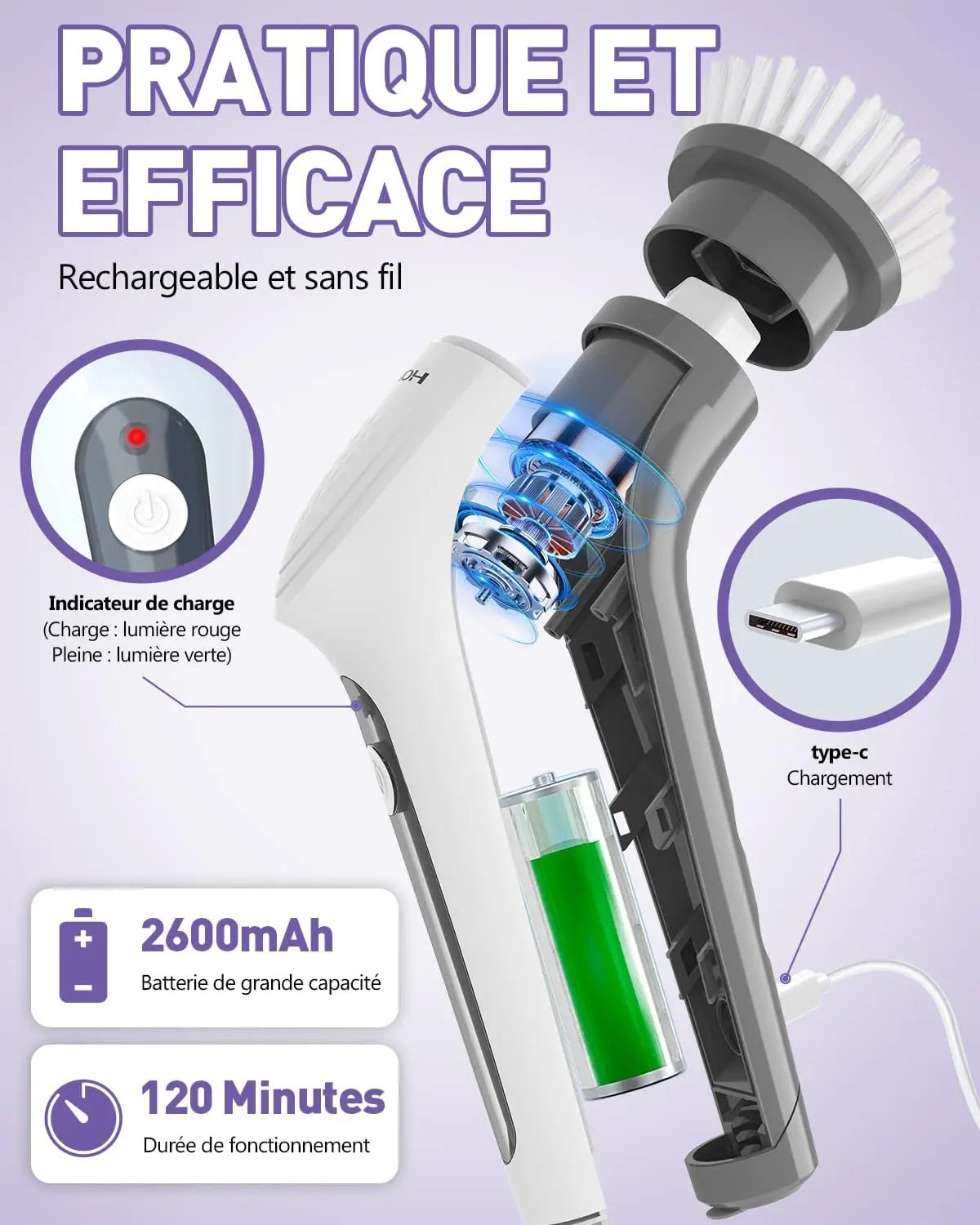 Brosse électrique de nettoyage sans fil + 9 têtes de brosse interchangeables Hydrolab France